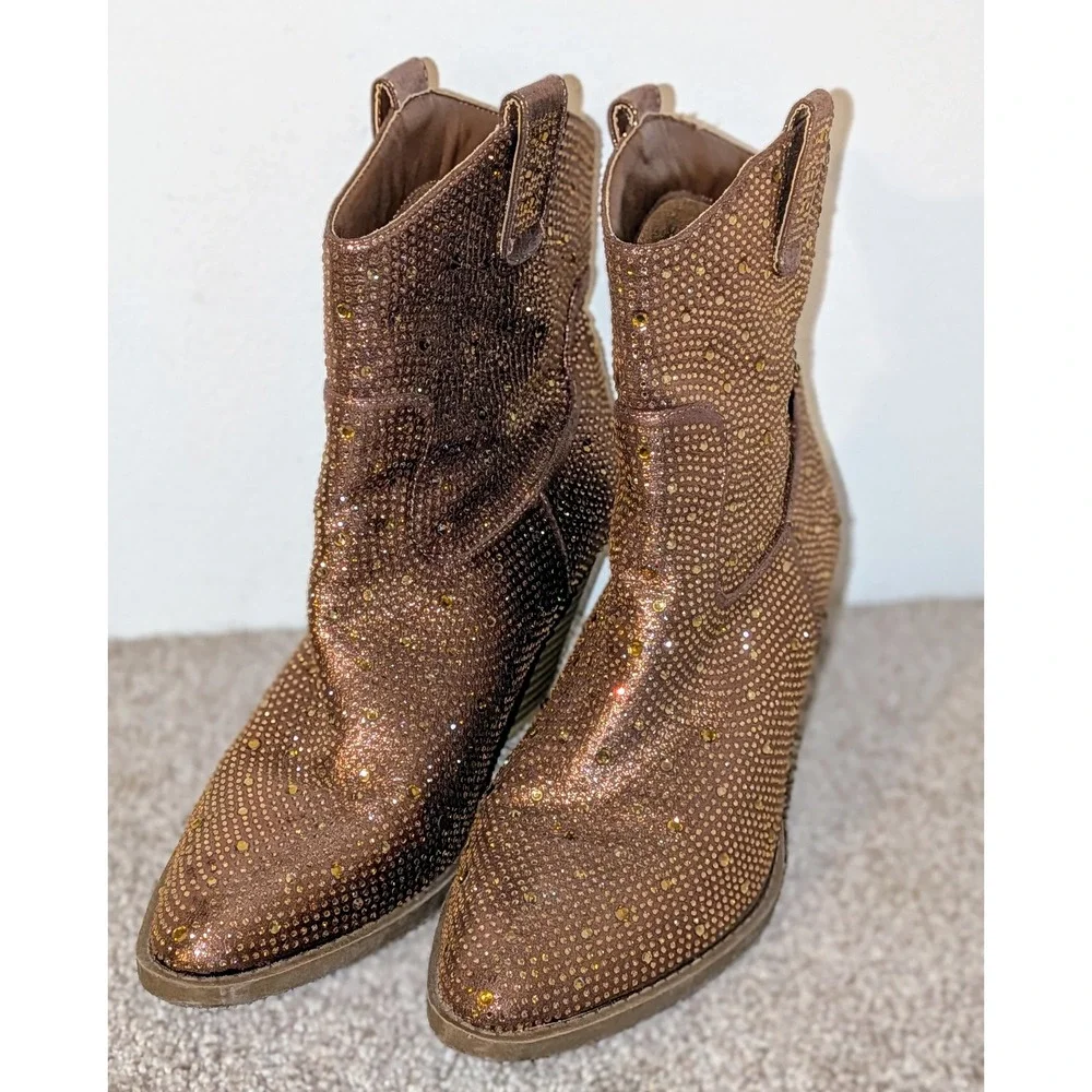 Forever Sparkly Rhinestone Western Boots Brown Block Heel Pointed Toe Size‎ 10